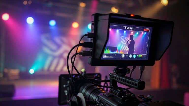 On-camera field recorder mounted on a cinema rig recording a live event, screen showing a recording indicator
