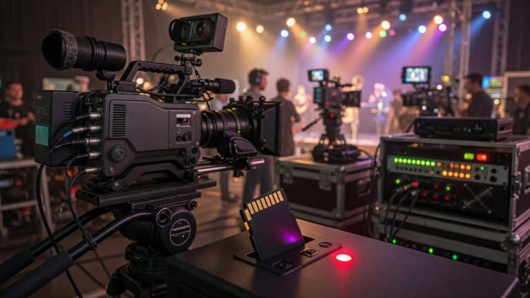 Cinema camera and rack recorder on a multi-camera live production set with a card slot and storage media