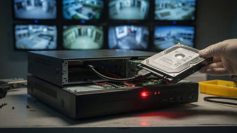 A surveillance DVR opened on a technician's bench with the hard drive lifted out, a No Disk warning on the front panel, and blurred CCTV monitors behind