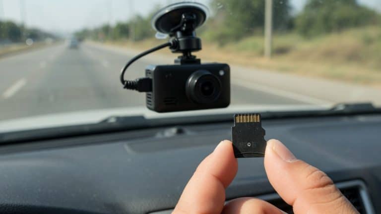 A dash cam mounted on a windshield with its microSD card removed and held in the foreground, a road blurred through the glass behind