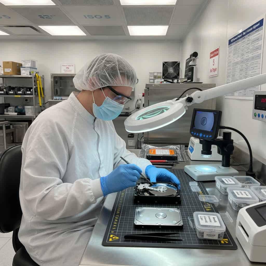 Gillware data recovery engineer working on a hard drive inside ISO-certified cleanroom lab
