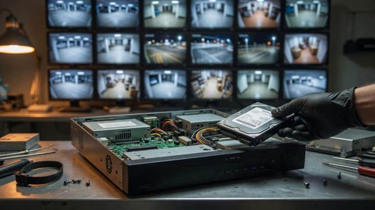 A security DVR with its hard drive being removed, with CCTV camera monitoring screens blurred in the background