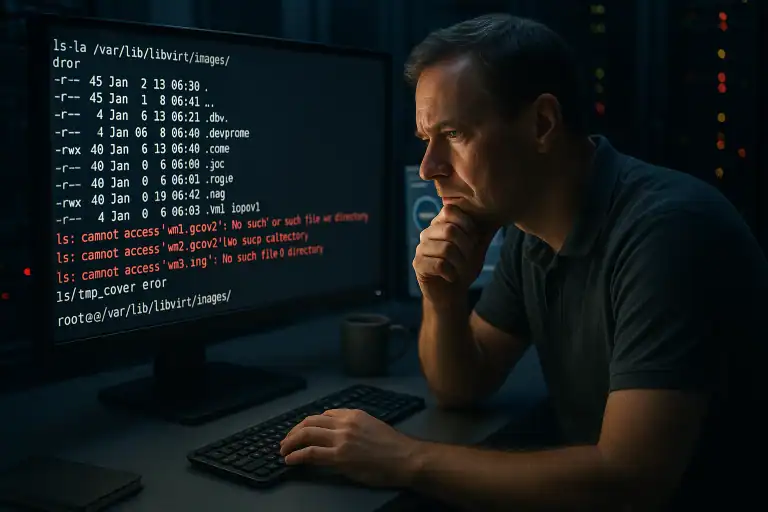 IT administrator examining empty Linux datastore directory after VM container files were deleted