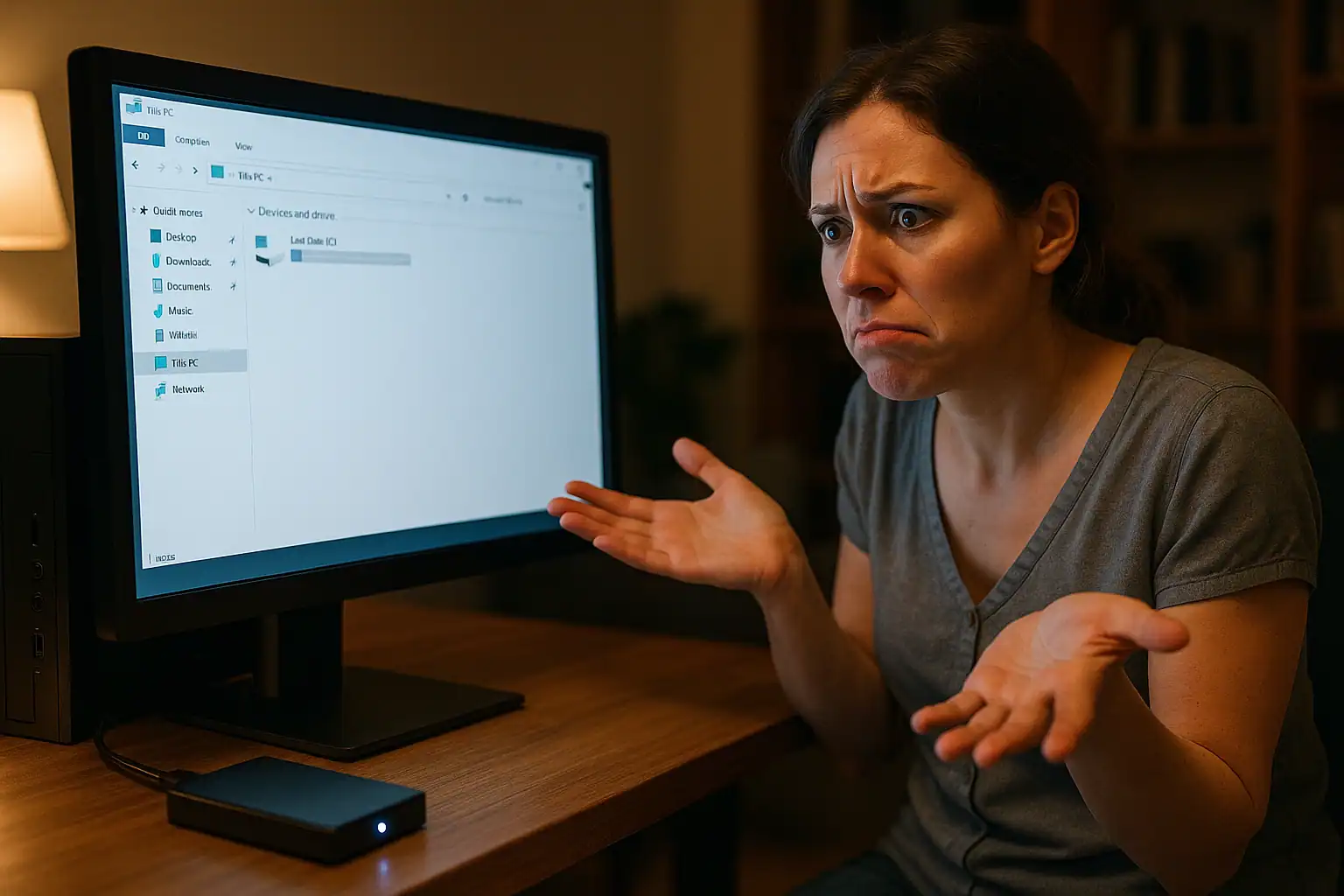 Confused user looking at Windows File Explorer on a desktop computer with an external hard drive connected but not appearing in the drive list