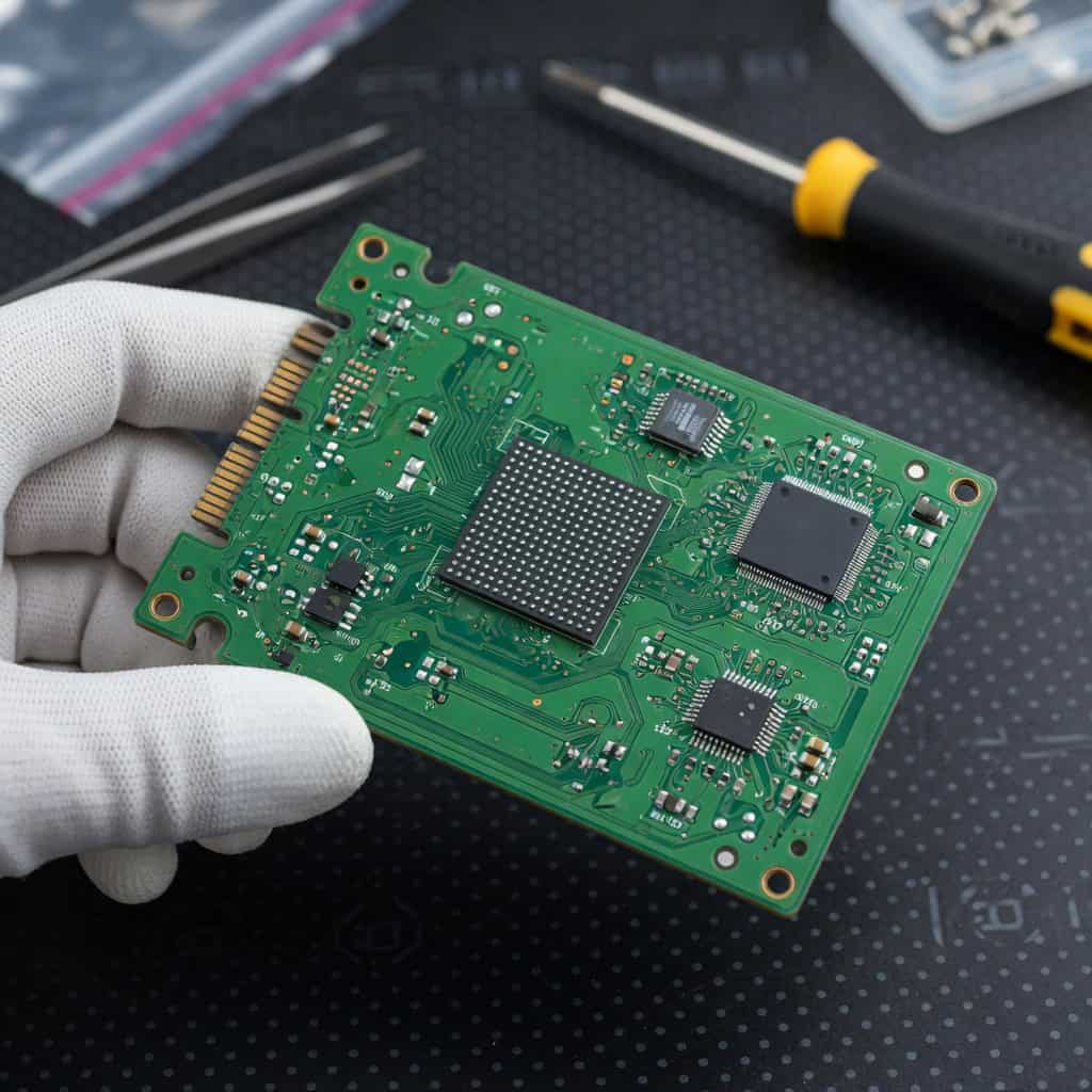 Hard drive printed circuit board PCB controller with ROM chip and surface-mount components