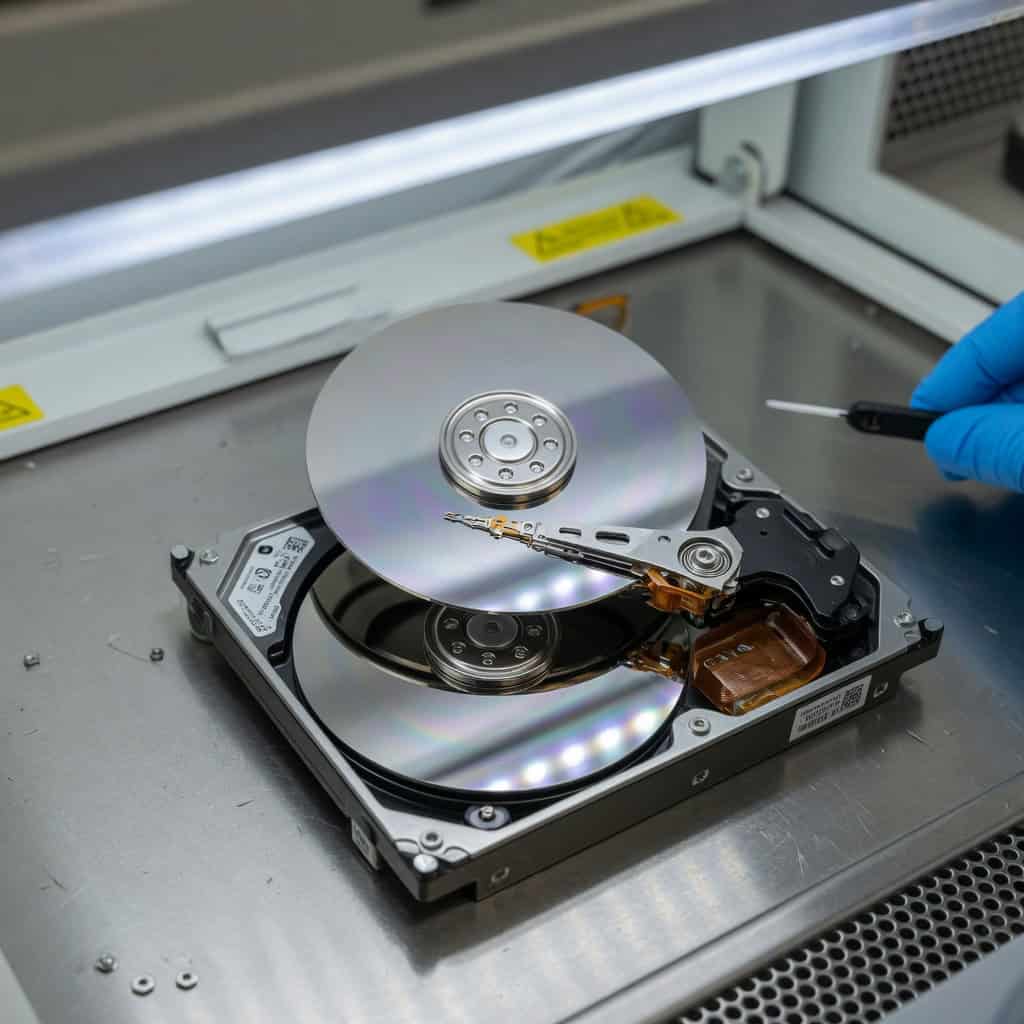 Open hard drive showing platters and read/write heads in a data recovery cleanroom