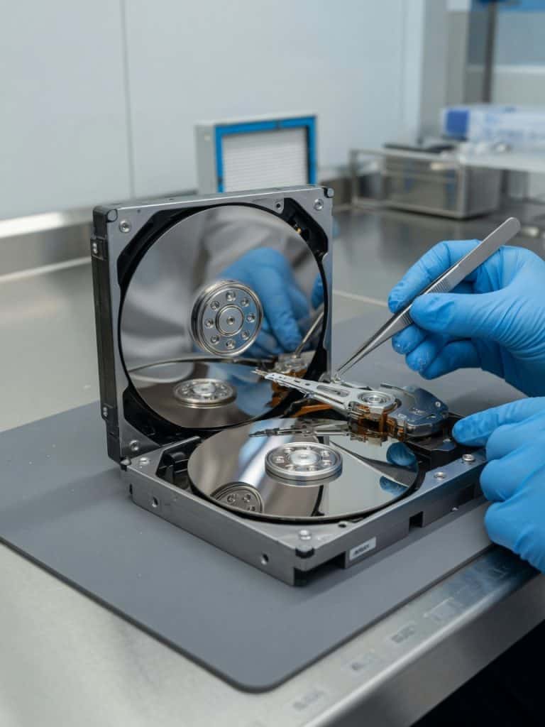 Data recovery technician working on an opened hard drive inside a professional cleanroom lab