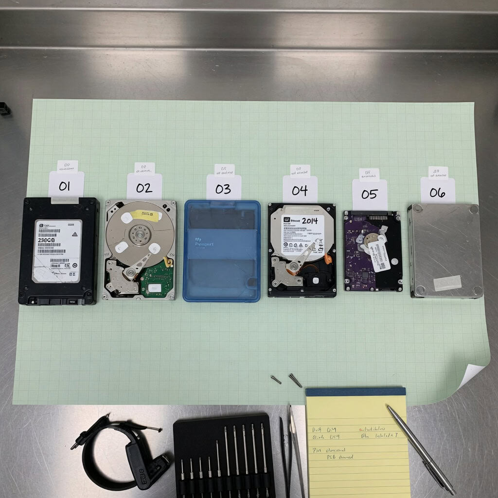 Multiple hard drives lined up on data recovery lab workbench for intake and diagnosis