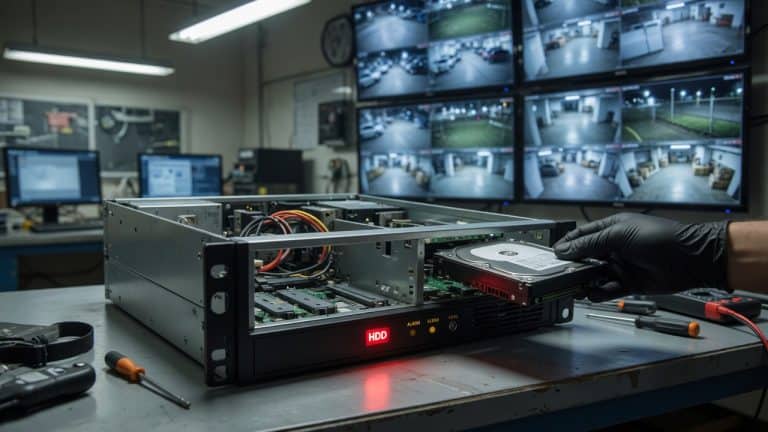 A rack-style security NVR with its hard drive partly removed on a technician bench, with surveillance camera feeds blurred behind