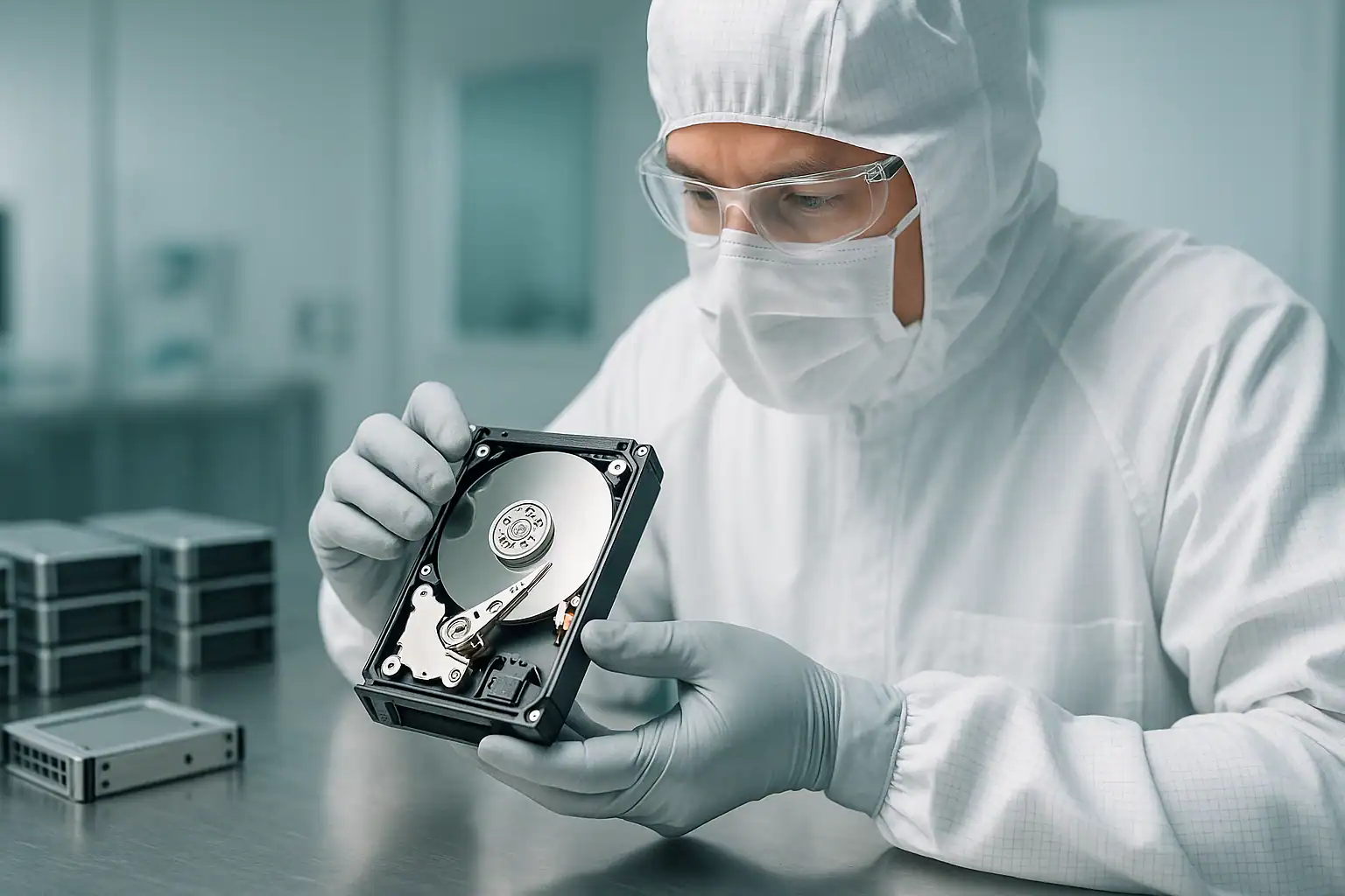 Engineer working on HP ProLiant server hard drive in cleanroom for data recovery