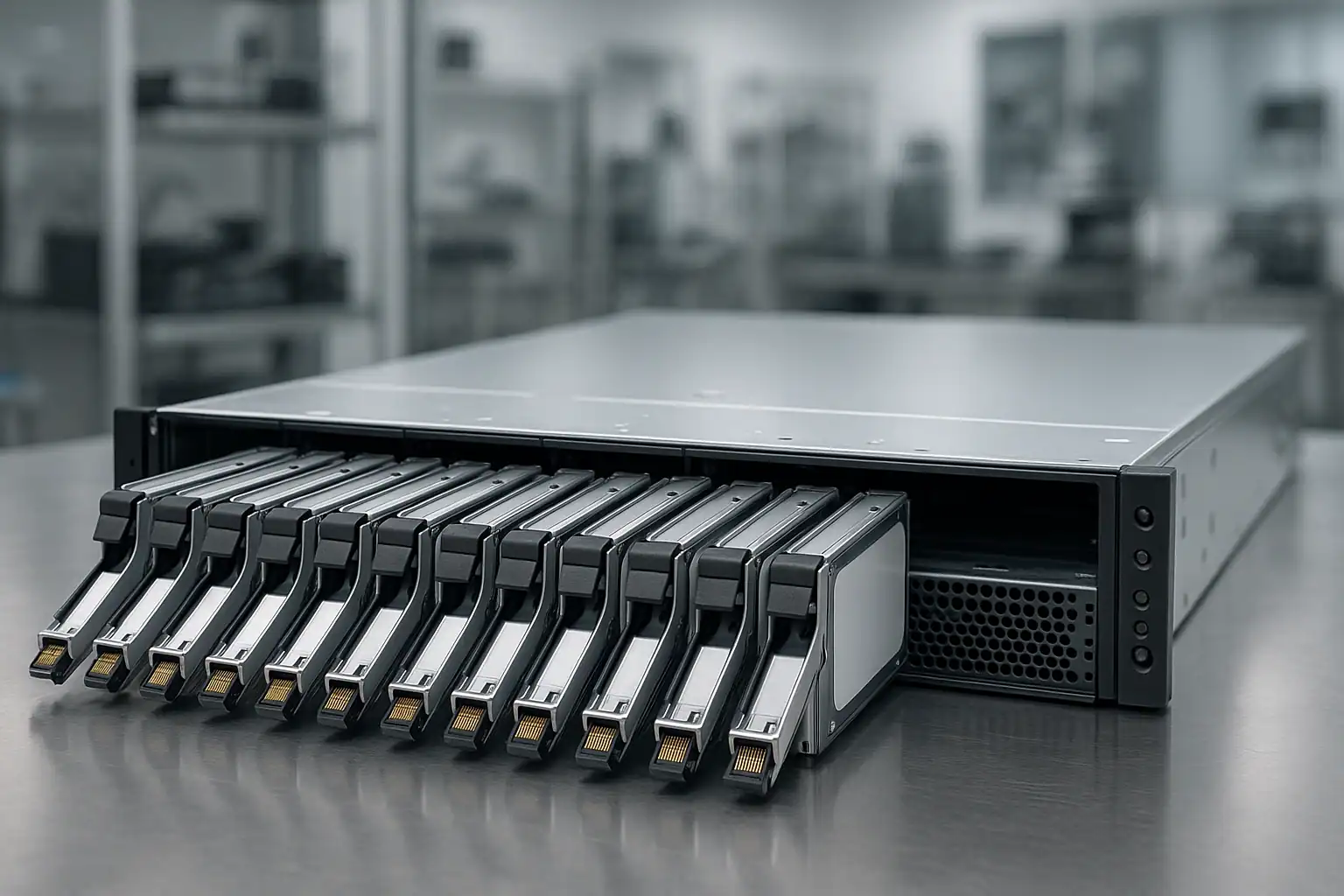 HPE ProLiant DL380 rack server with Smart Array hard drive caddies removed for RAID recovery
