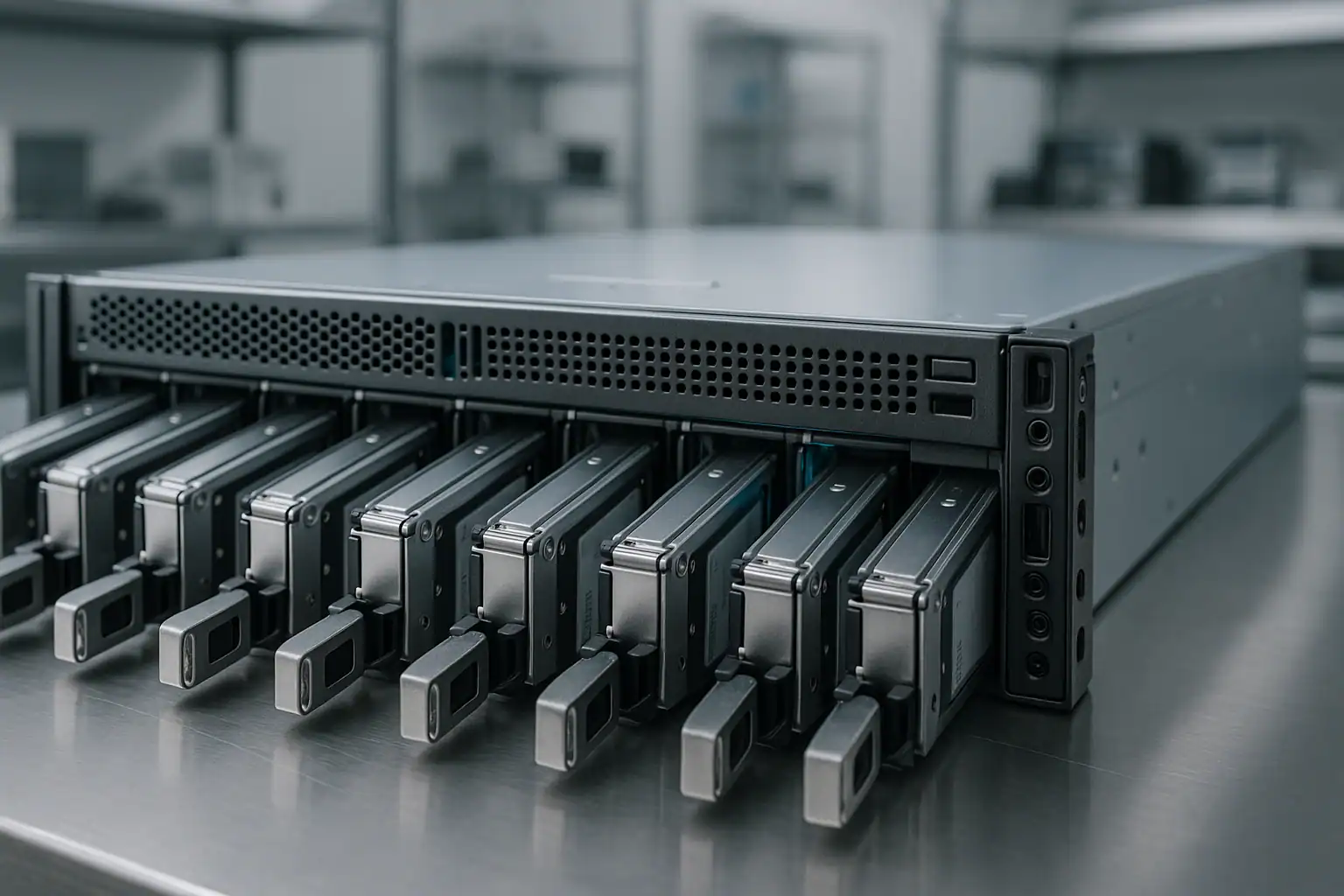 HP ProLiant rack server with hard drive caddies being inspected for RAID failure