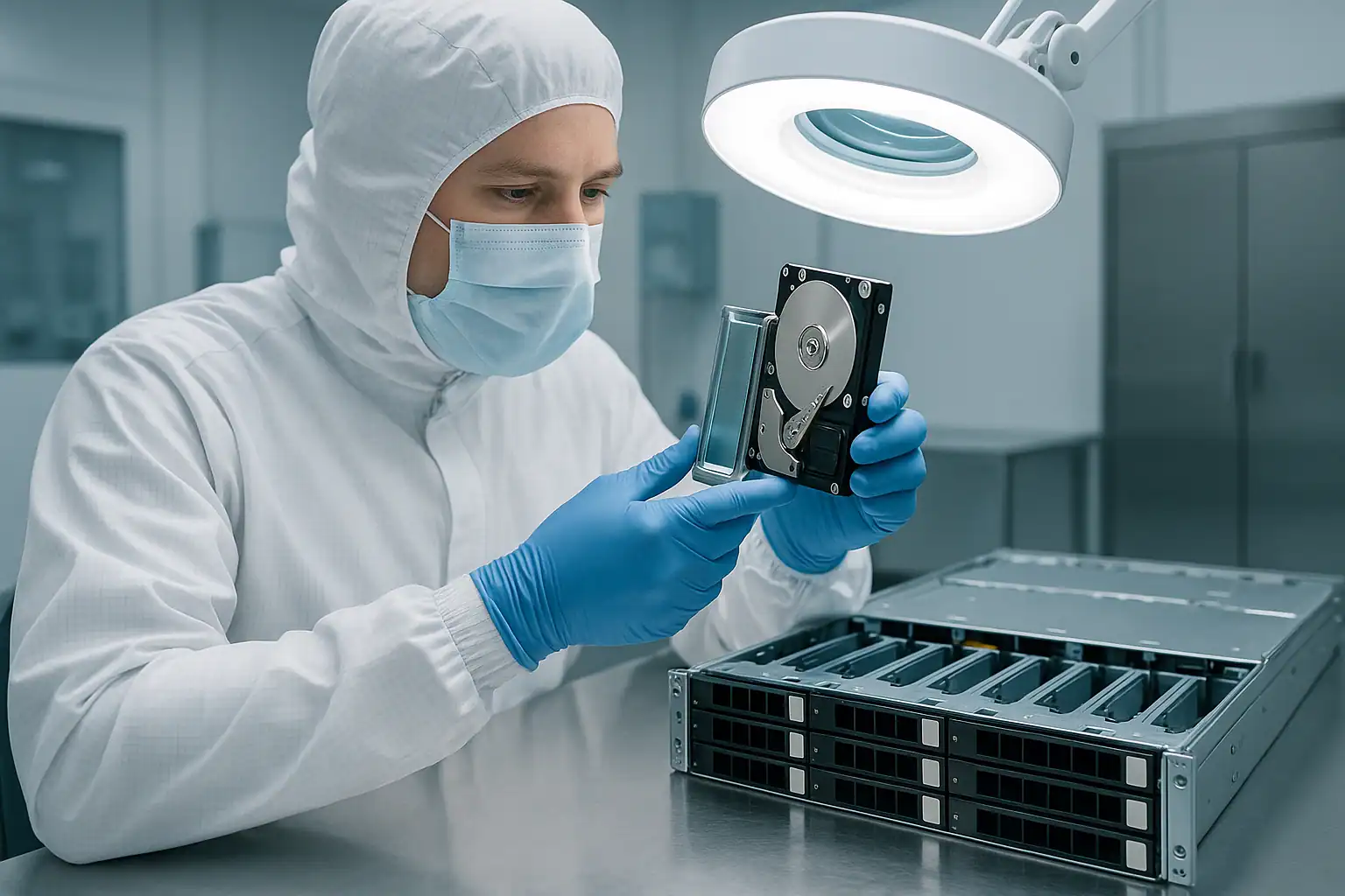 Engineer in cleanroom suit examining HPE ProLiant DL380 server drive for data recovery
