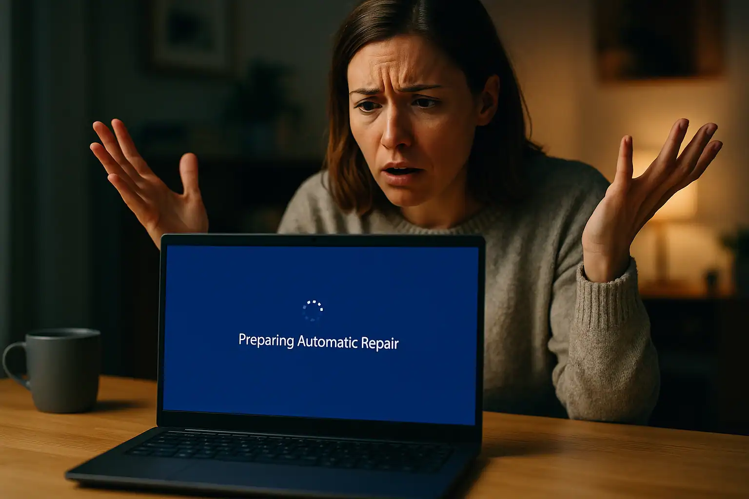 Frustrated user looking at a laptop displaying the Windows Automatic Repair preparation screen with a blue background and spinning loading indicator