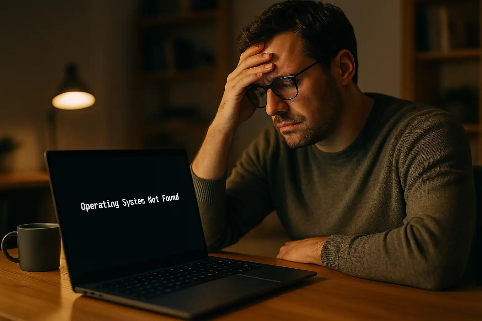 Frustrated laptop user looking at black screen displaying Operating System Not Found error message