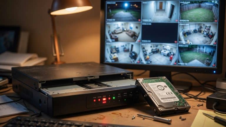 A consumer security DVR opened on a desk with its hard drive removed, an HDD warning on screen, and home CCTV camera views blurred in the background