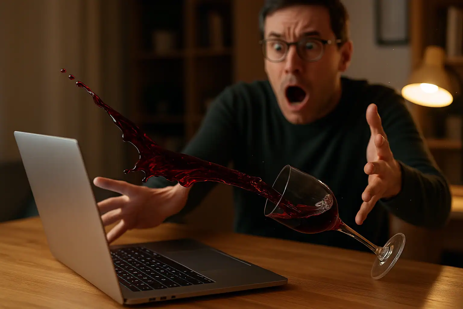Surprised consumer tipping over a glass of red wine onto a laptop computer, with liquid mid-air about to hit the keyboard
