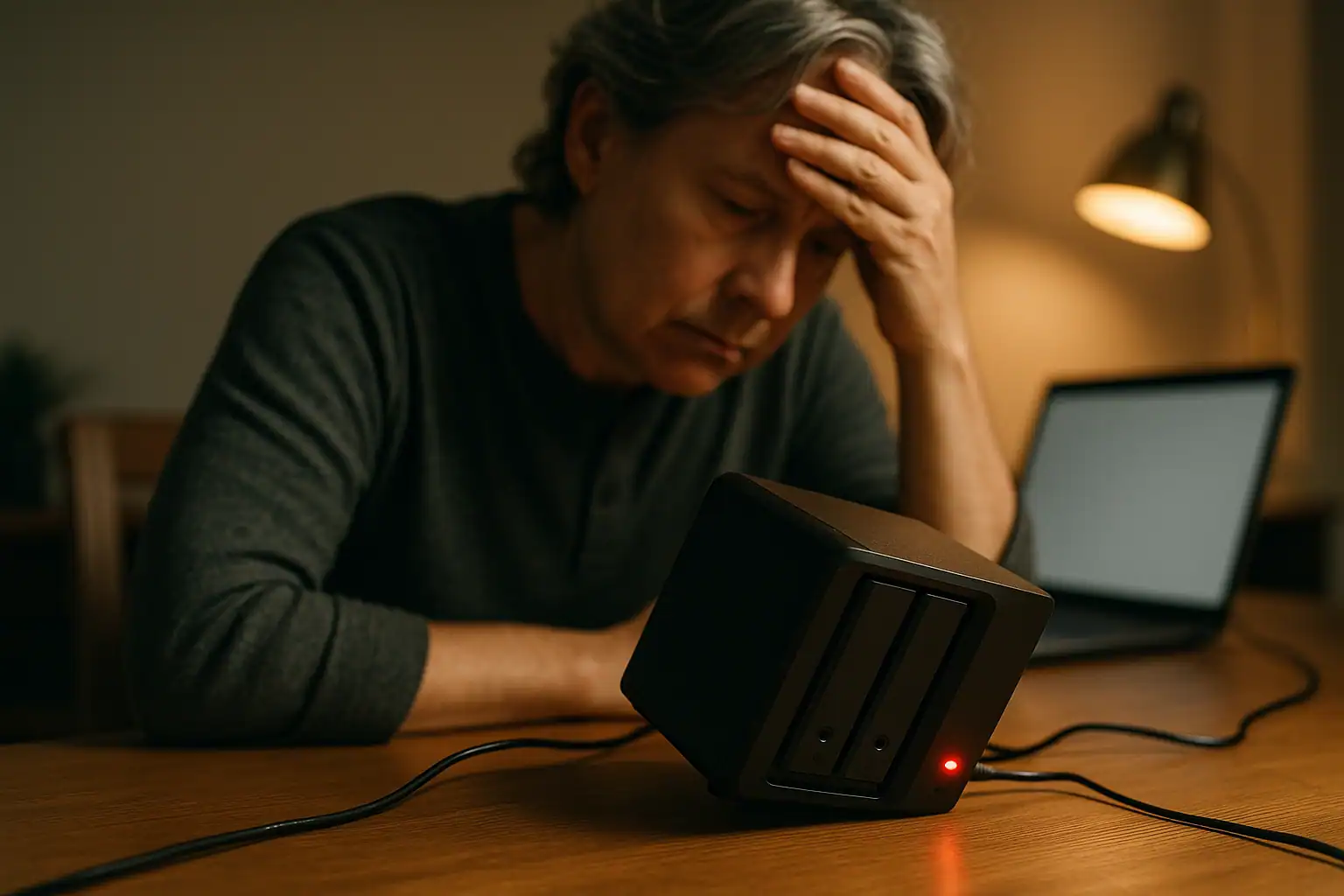 Frustrated consumer staring at malfunctioning NAS device tipped over on desk