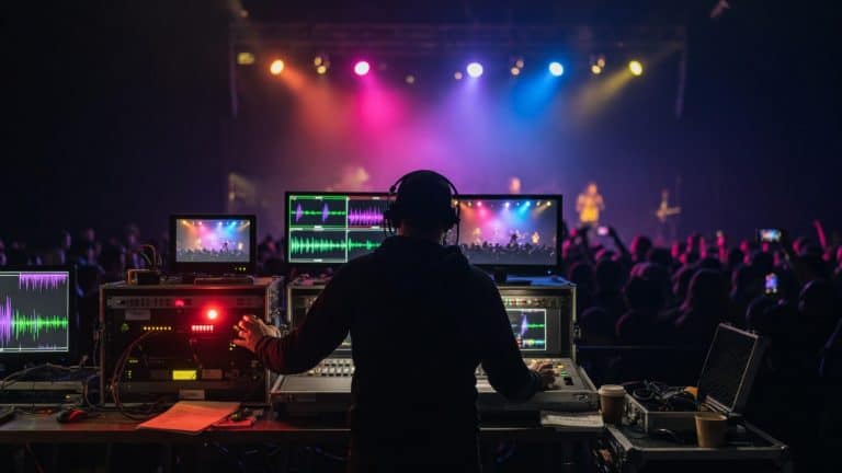 Professional multi-camera video operator recording a live concert event from a control position