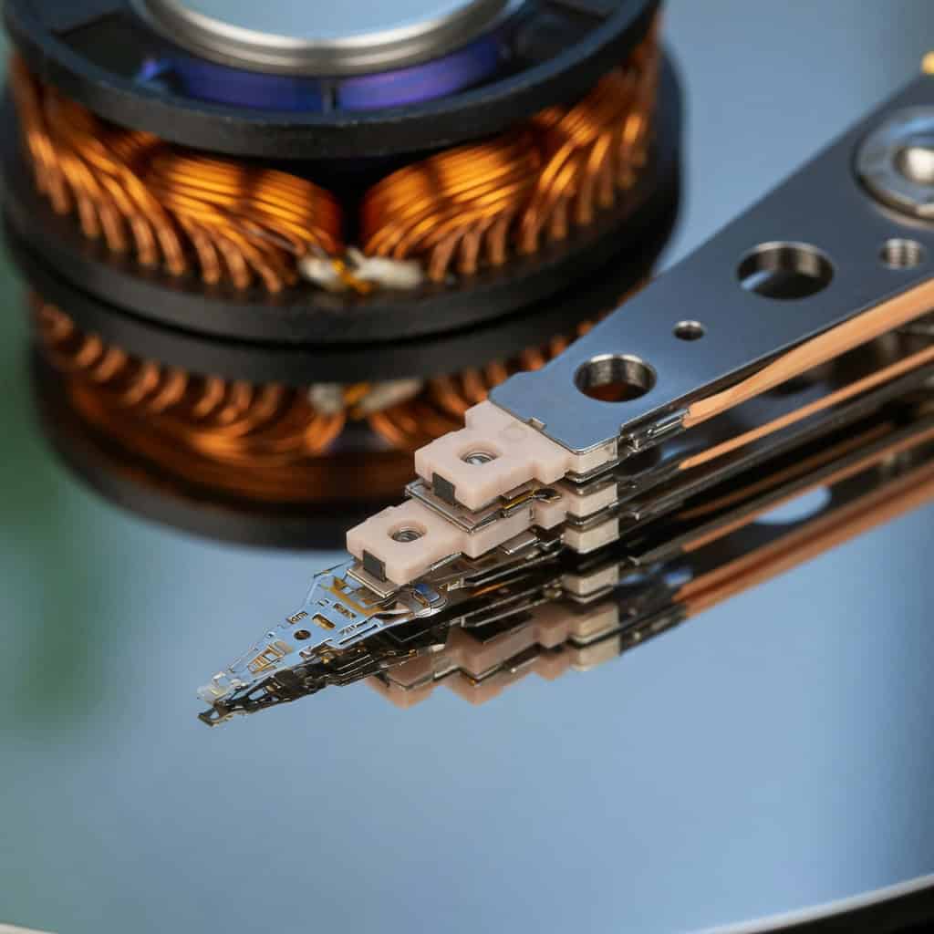 Macro close-up of hard drive read write heads on actuator arm above platter surface