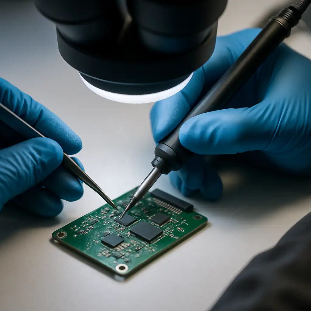 Data recovery technician performing microsoldering board-level repair on a small portable SSD circuit board under a stereo microscope