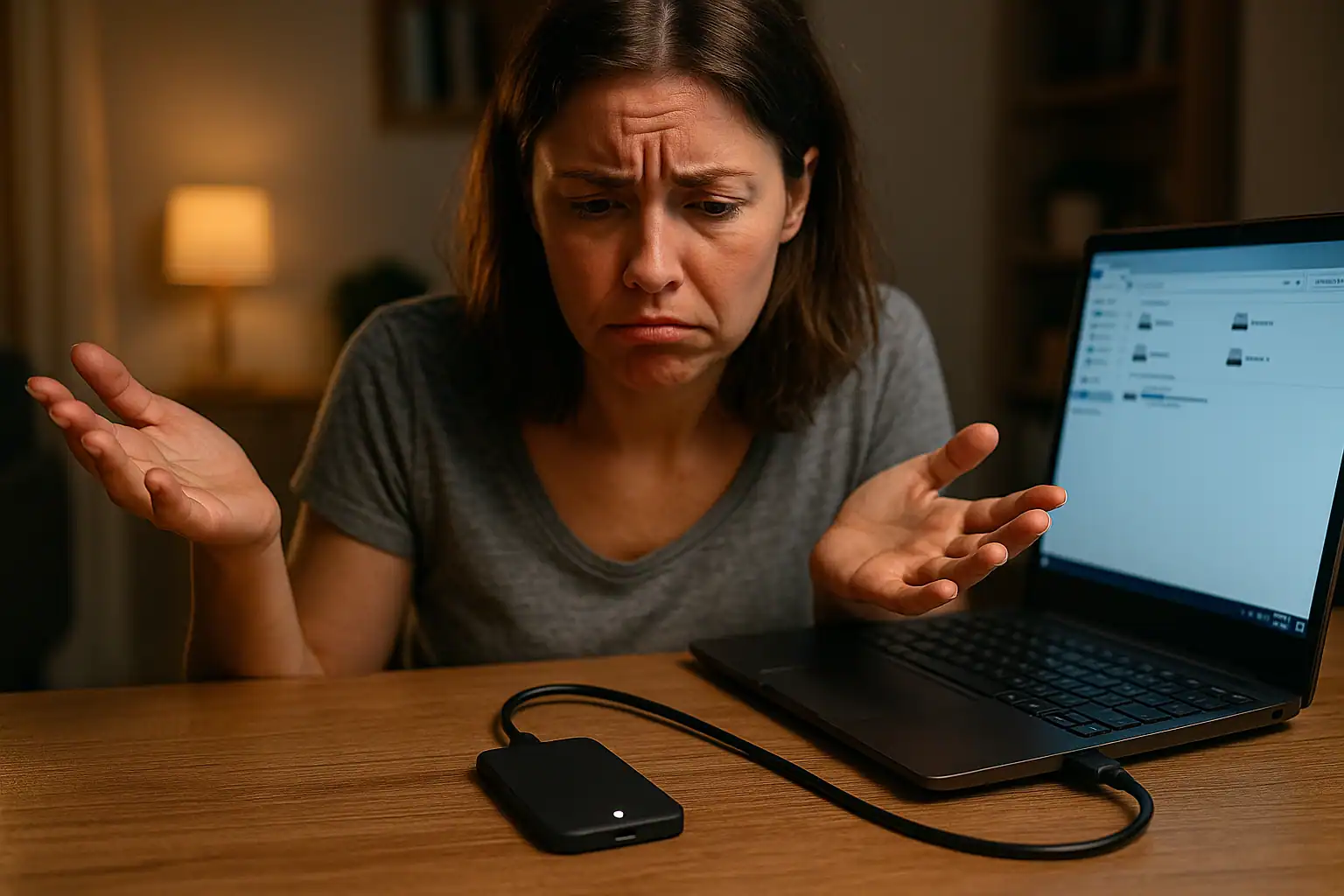 Frustrated user looking at a small portable SSD connected to a laptop that is not being recognized