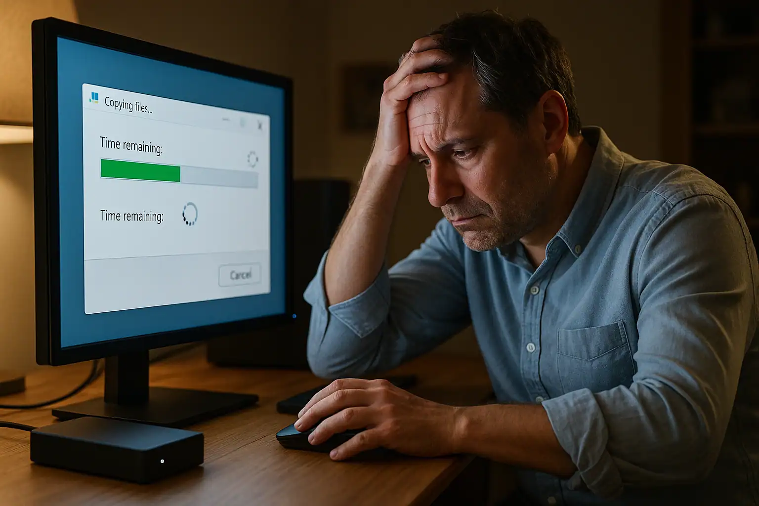 Frustrated user looking at a frozen desktop computer screen with an unbranded external hard drive connected on the desk beside it