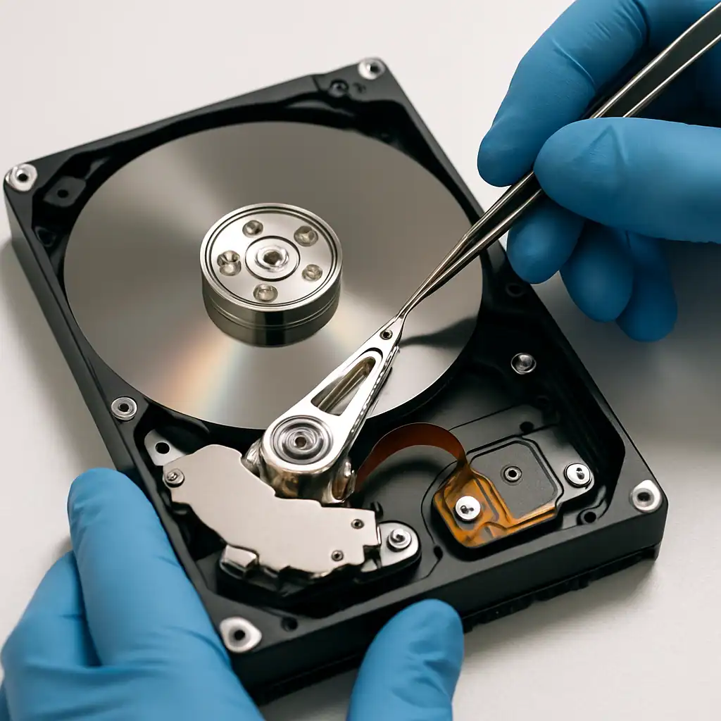 Cleanroom view of a 3.5 inch hard drive with its top cover removed showing the spinning platter and the read-write head assembly being worked on with precision tools