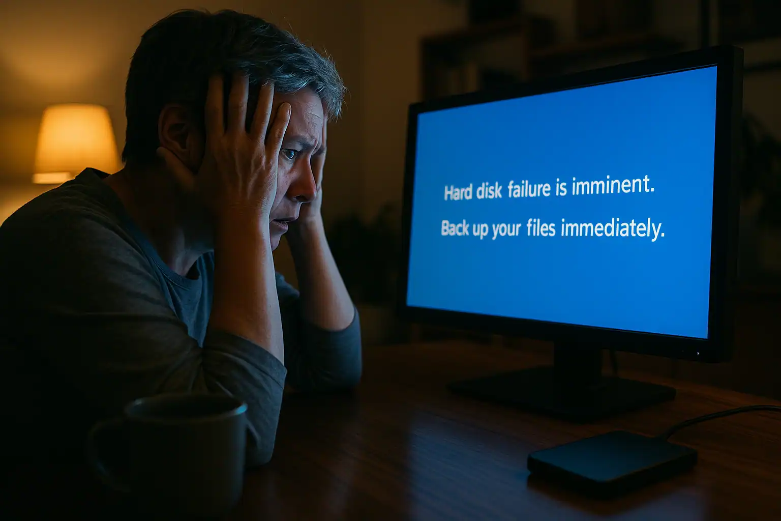 Frustrated consumer looking at hard drive failure error message on computer monitor