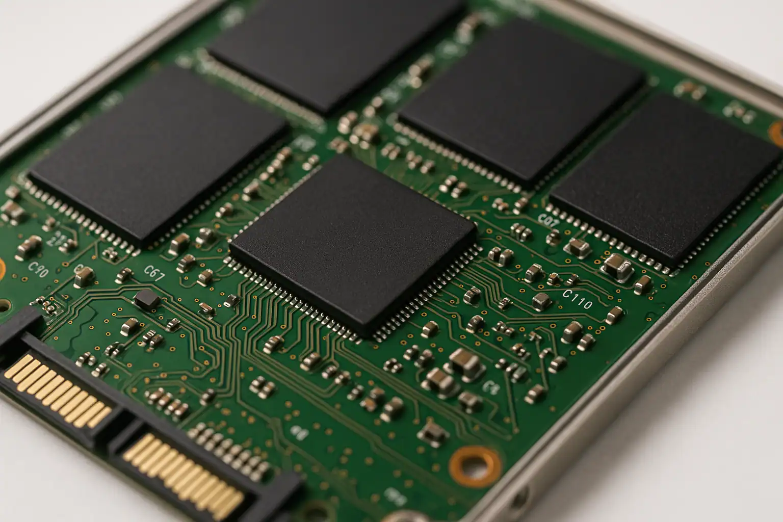 Macro close-up of a 2.5 inch SSD circuit board with the central controller chip in sharp focus surrounded by NAND flash memory chips