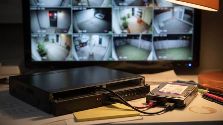 A home security DVR opened on a desk with its hard drive removed, a no-hard-drive warning on screen, and blurred home CCTV camera views behind