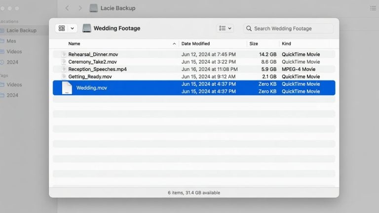 Mac Finder window showing a video file named Wedding with a file size of zero bytes