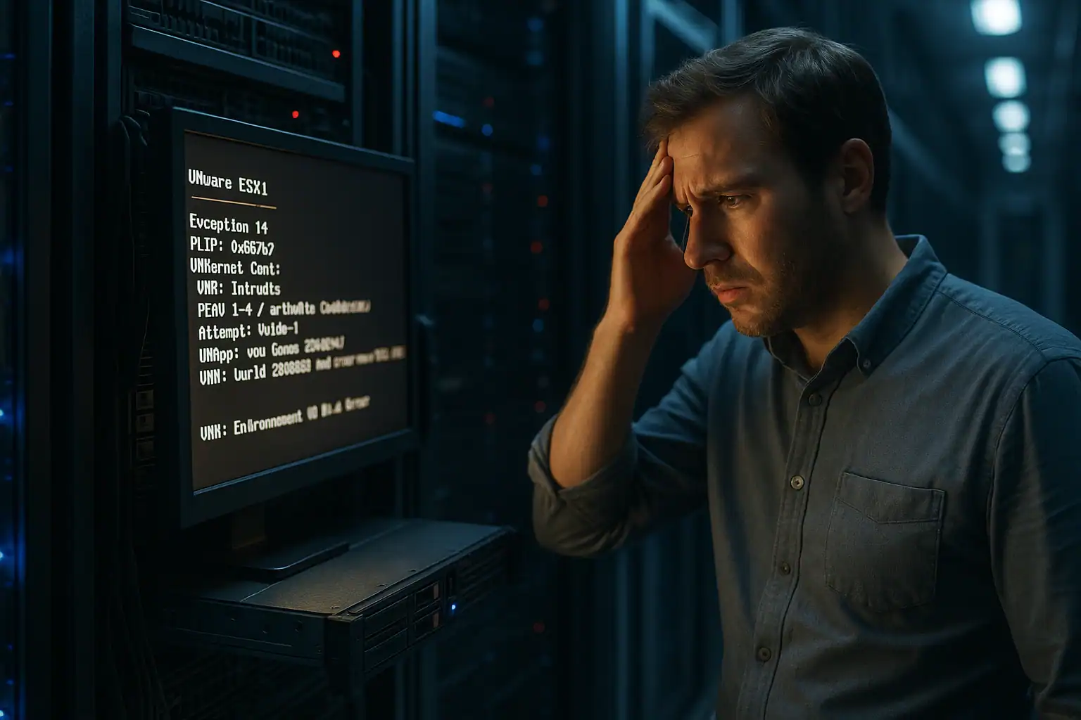 IT administrator in server room looking at VMDK corruption error message on monitor