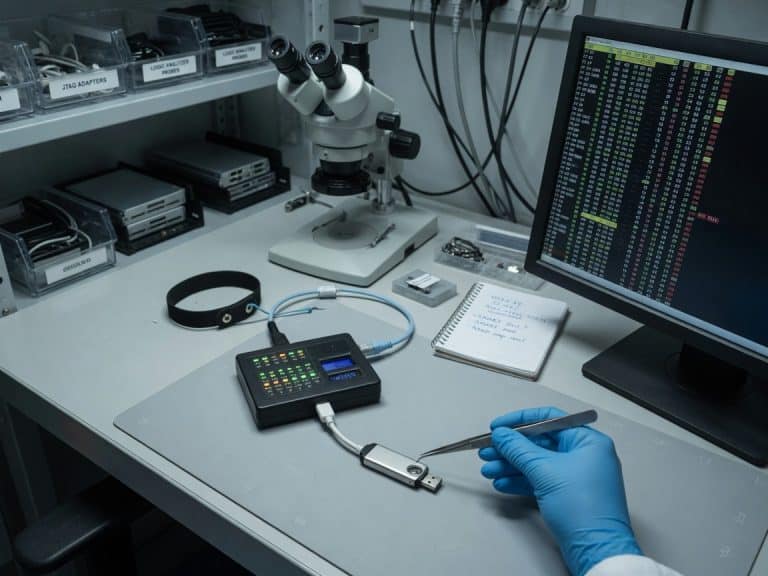 Data recovery engineer performing initial diagnostic inspection on a USB flash drive at a controlled workstation with isolated hardware