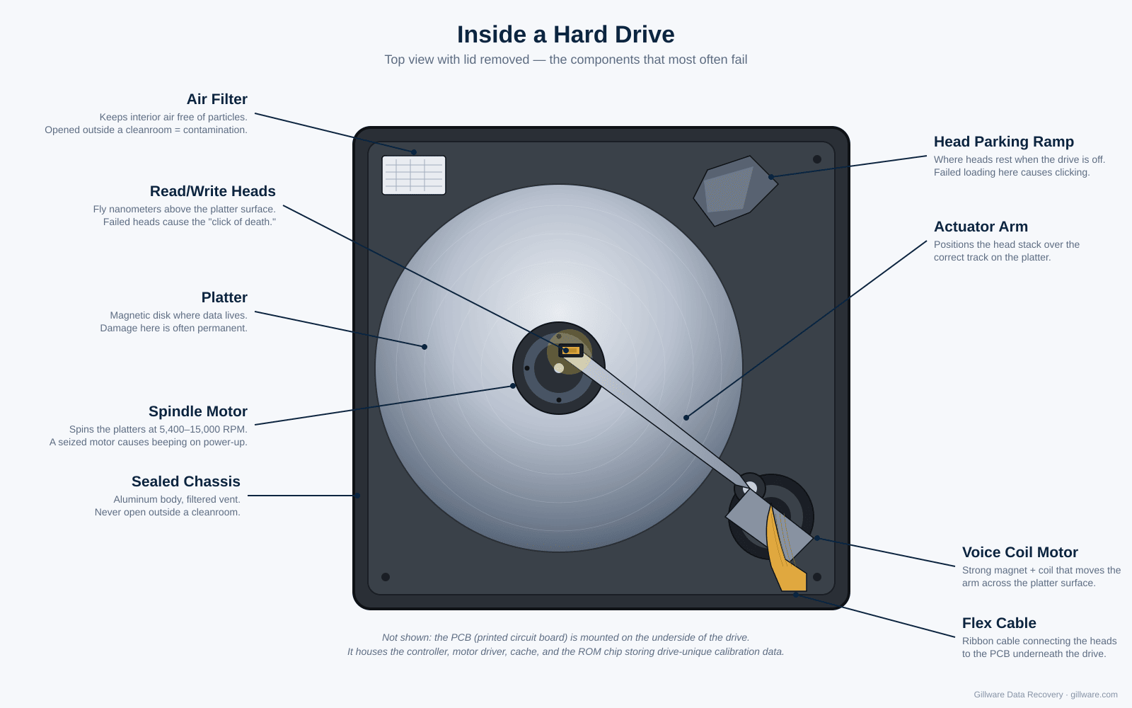 Hard drive components diagram showing platter, spindle motor, read/write heads, actuator arm, voice coil motor, and flex cable