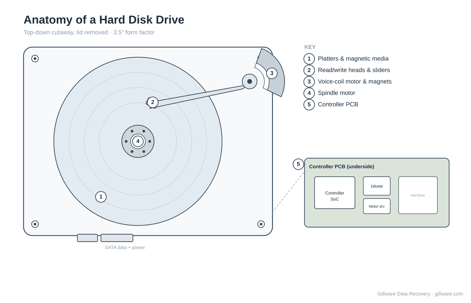 Labeled top-down cutaway diagram of a 3.5-inch hard disk drive showing the platters, spindle motor, actuator arm, read/write head and slider, voice-coil magnets, and controller circuit board.