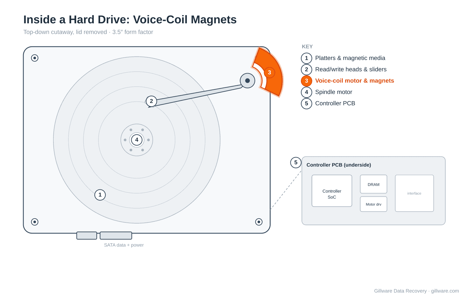 Hard drive cutaway diagram with the voice-coil motor and its neodymium-iron-boron (NdFeB) magnets highlighted.